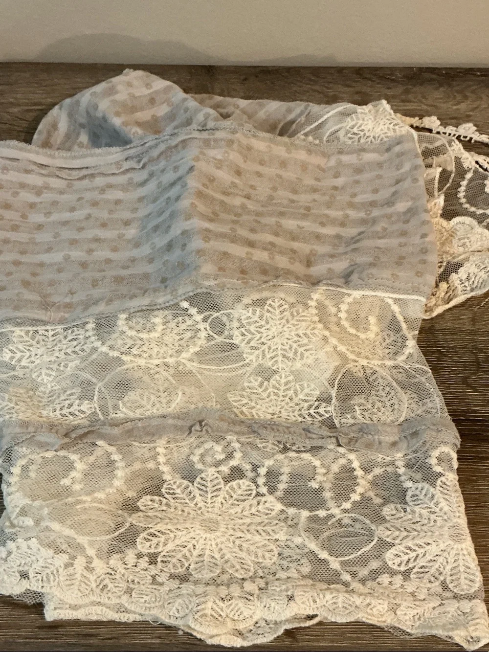 Boho Lace & Crochet Soft Scarf in Light Gray & Cream 62” x 15.5” EUC